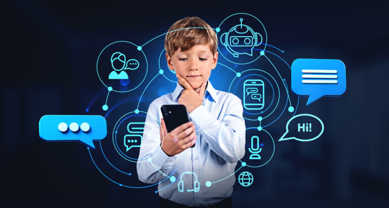 A young student holding a mobile phone and images of education topics in the background behind him.