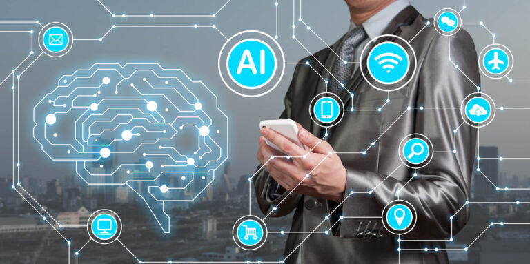 A man, mobile phone in hand on the right side of the image, an illustration of a brain on the left side.